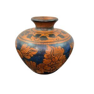 Vintage Clay Handmade Vase Handpainted with Floral Vine Leaf Details Flowers